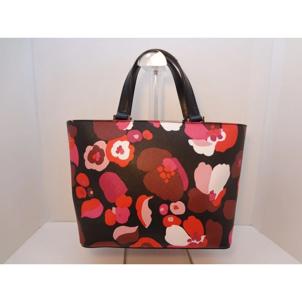Kate Spade Floral Tote Bag Womens Medium Black Pink Excellent Saffiano Leather